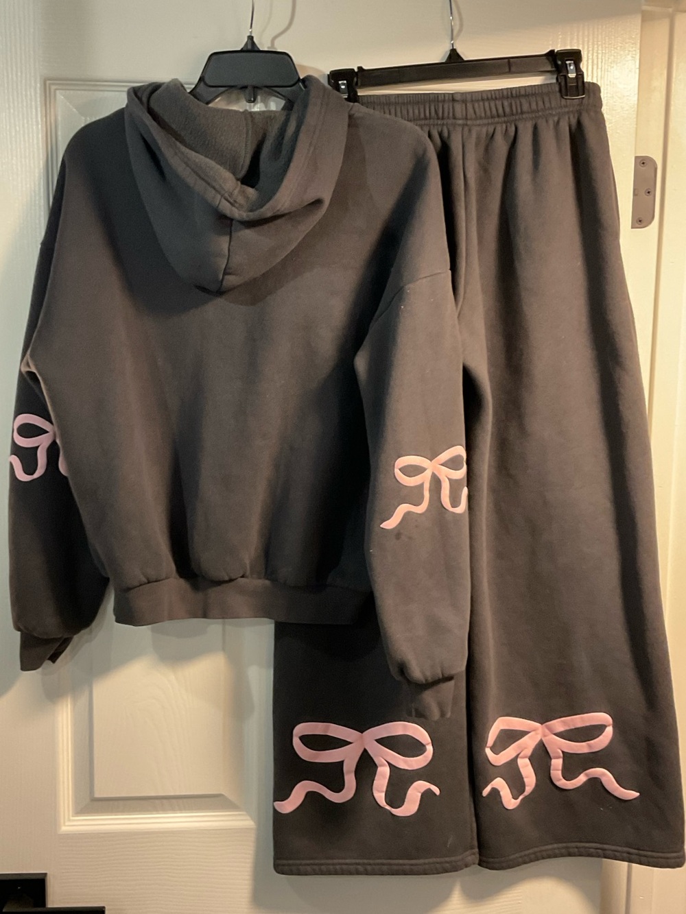 Edikted grey Hoodie and Wide-Leg Pajama Set with Pink Bow Accents